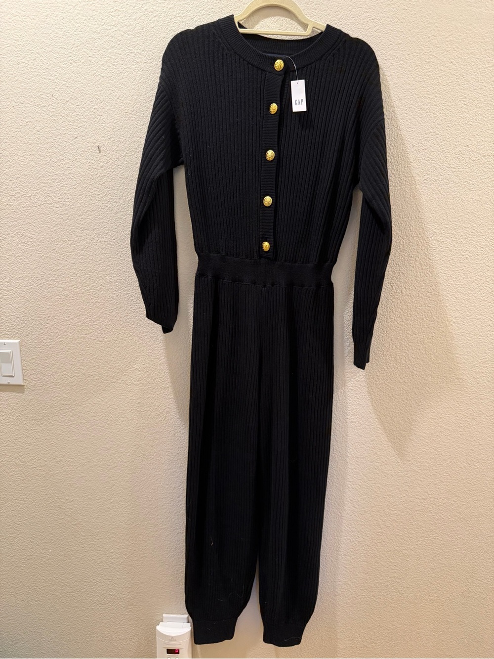 NWT Gap CashSoft Rib Sweater Jumpsuit Black Small Gold Buttons $128